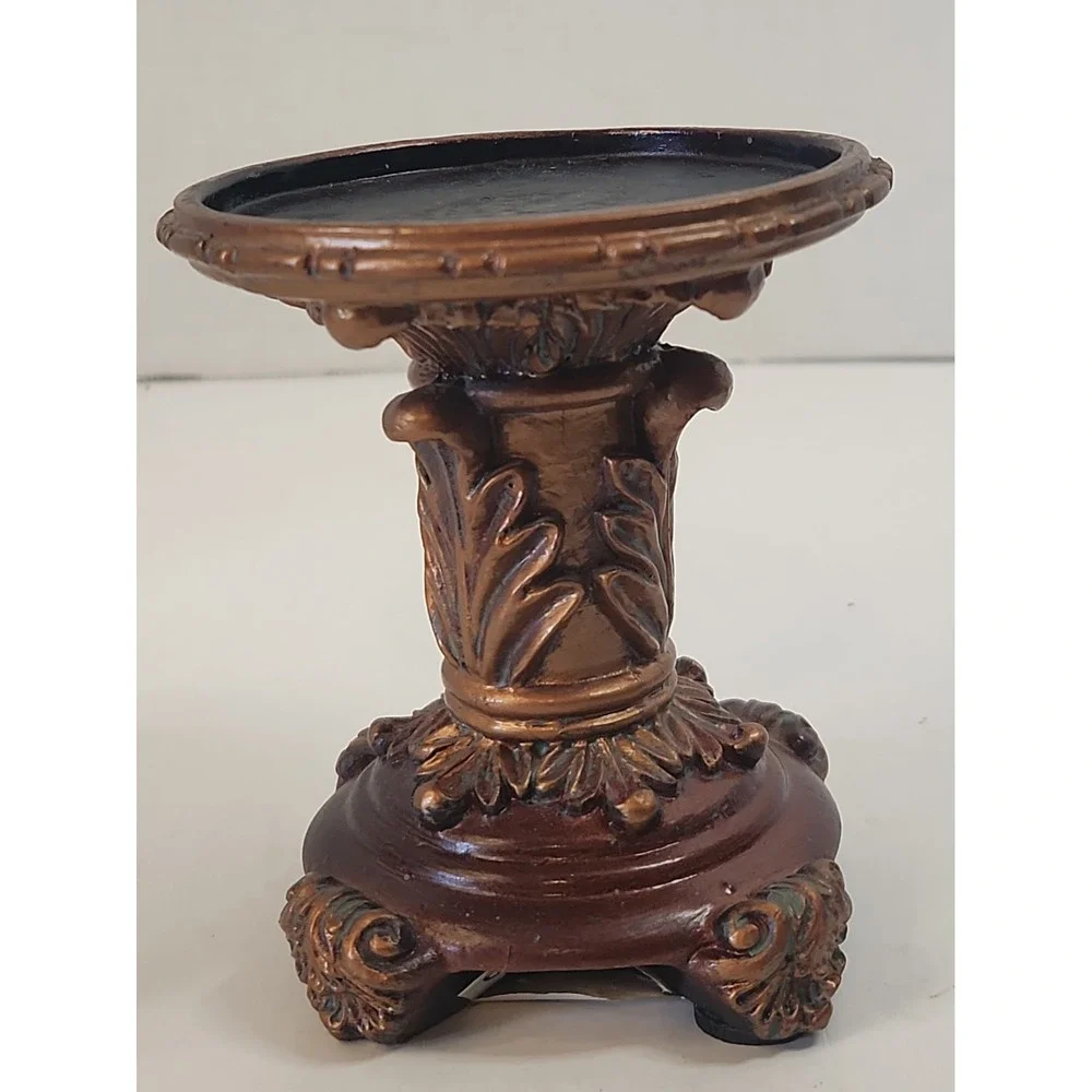Vtg '03 Goldtone Baroque Pillar Candle Holder Pedestals Staggered Set of 2 Resin